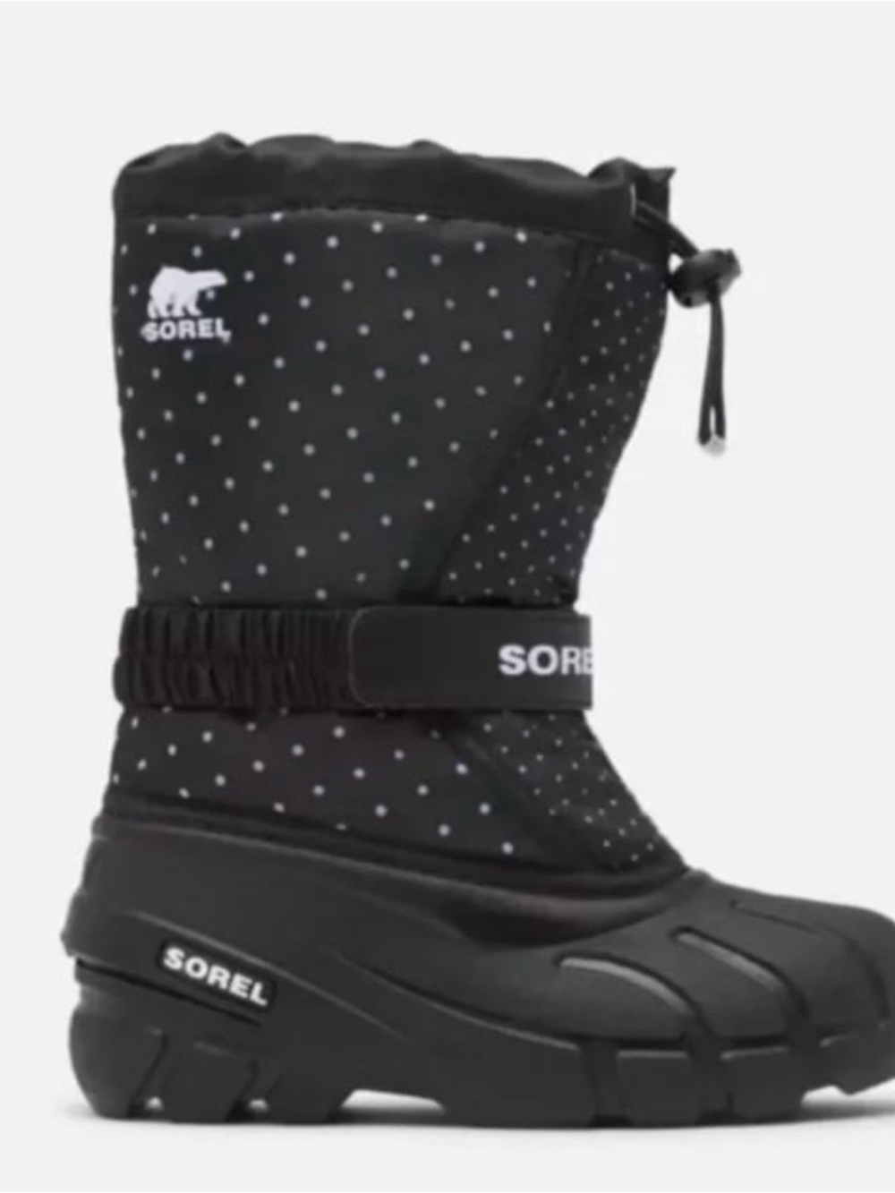 Sorel girls Flurry snow boots in black with white polka dots size 2